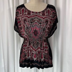 HeartSoul L Black/Burgundy Patterned Blouse